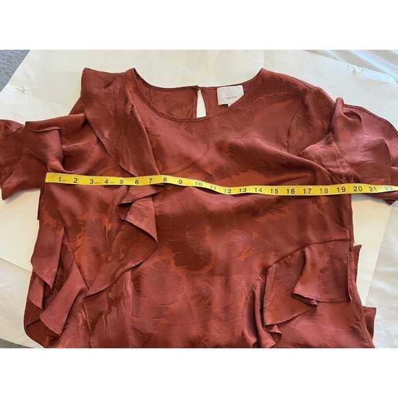Cinq A Sept Silk Top Blouse Ruffle Asymmetric Size Medium Rust Orange Jacquard - Picture 12 of 15